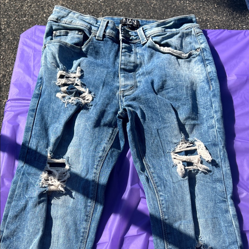 Boohoo Men's Ripped Blue Skinny Jeans